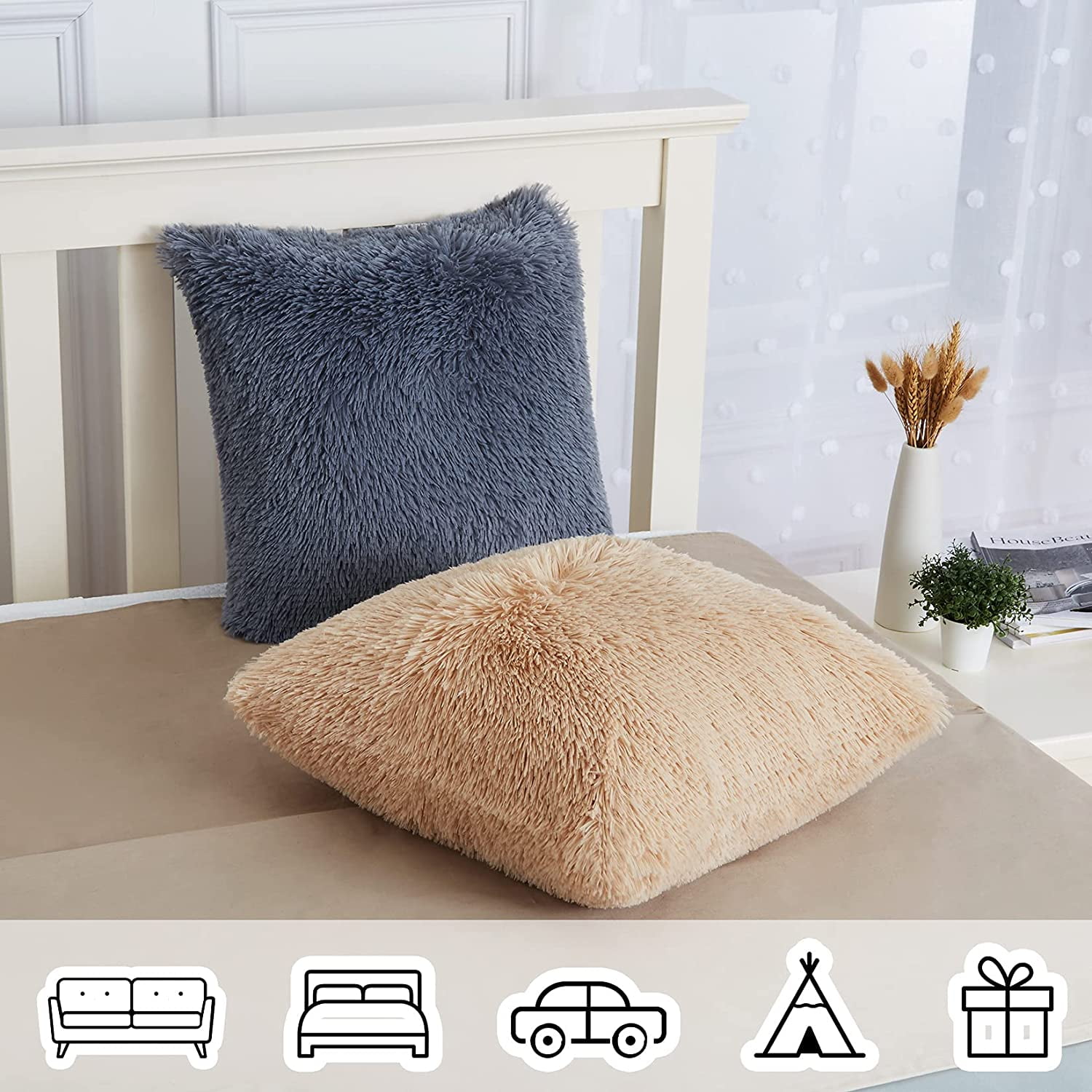 inchgrass Faux Fur Throw Pillow Cover Cushion Covers Long Hair Luxury Soft  Decorative Pillowcase Fuzzy Pillow Without Insert for Bed Couch Sofa