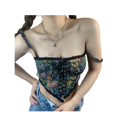 

LisenraIn Y2k Women Elegant French Vintage Print Halter Tops Chic Bandage Floral Corset Shirts Party Club Ladies Top