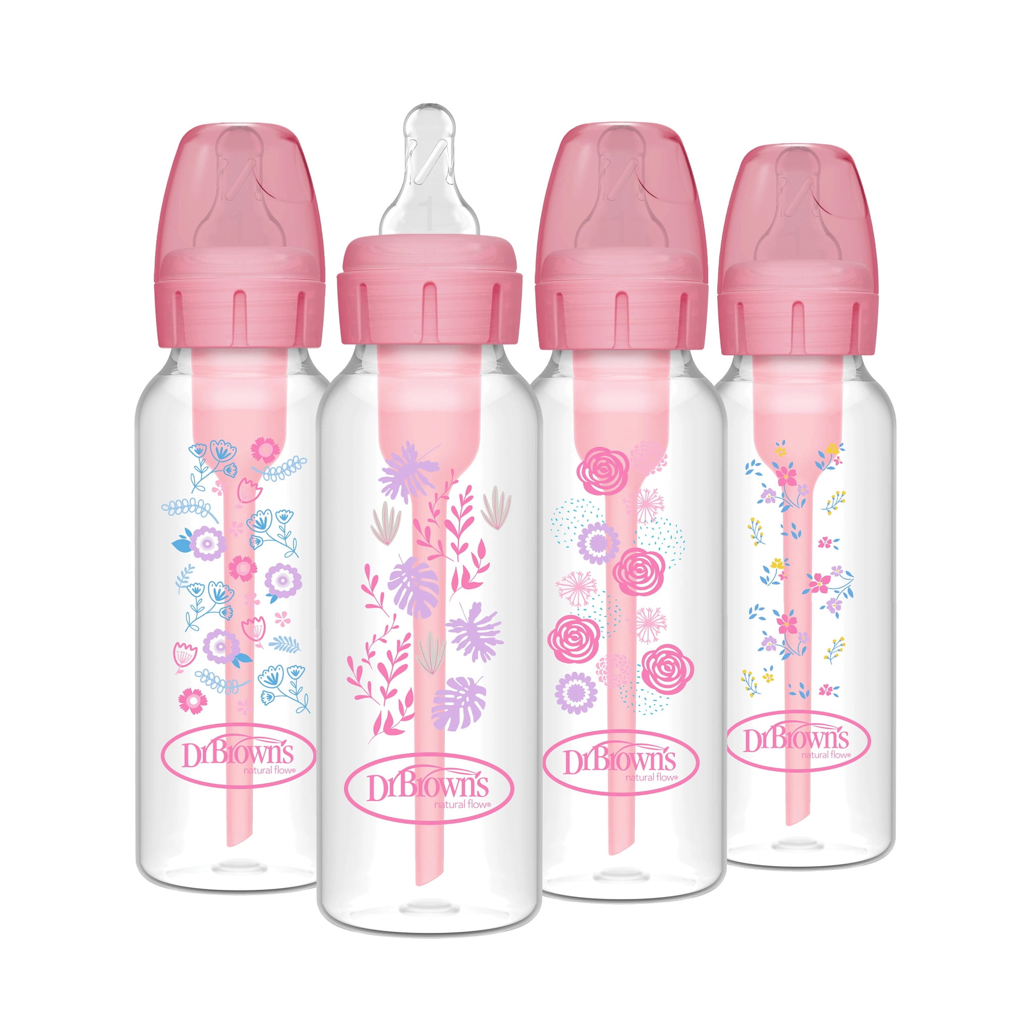 Dr. Brown's Anti-Colic Options+ Narrow Baby Bottle, Pink Floral, 8oz, 0m+, 4 Pack
