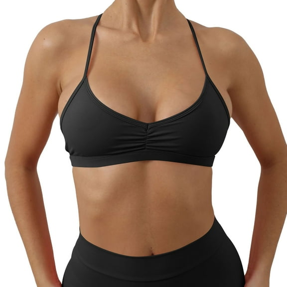 KHONTS,Women's Ruched V Neck Sports Bras Y Back Spaghetti Thin Strap Wireless Bra Padded Yoga Crop Tops Black L