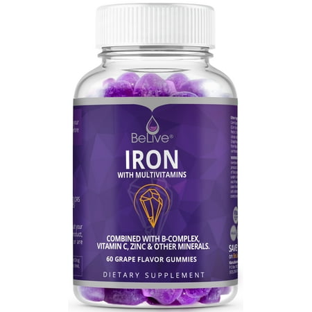 Iron Gummies with Vitamin C, Biotin, Zinc, Vitamins B Complex for Kids and Adults - Helps with Anemia, Boosts Hemoglobin, Improves Concentration & Other Healthy Functions - 60 Grape Flavored (Best Iron Pills To Take For Anemia)