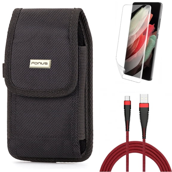 10ft USB Cable w Matte Screen Protector w Case Belt Clip for Samsung Galaxy S21 Plus - Type-C Charger Cord, TPU Film Anti-Glare, Rugged Holster Accessory Bundle