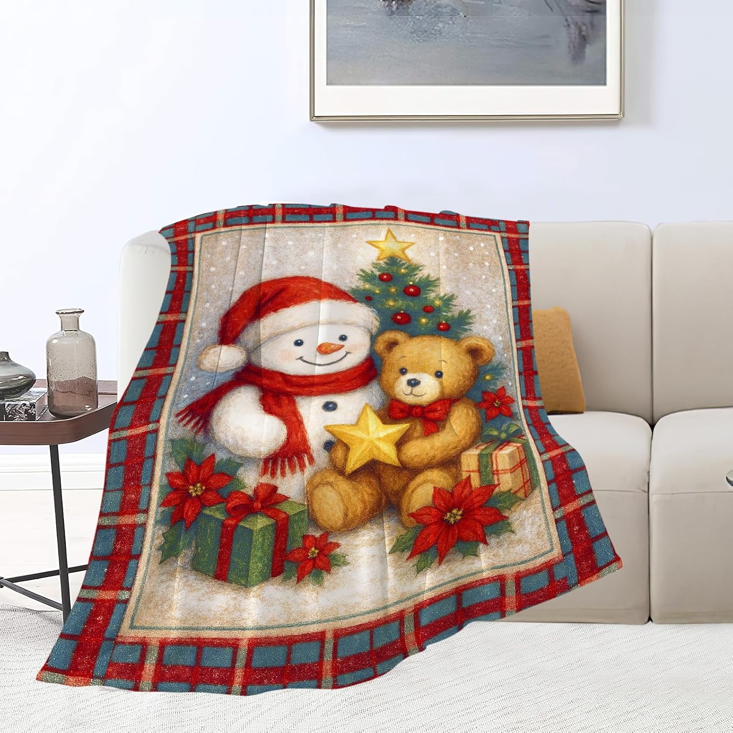 Christmas Snowman Bear Blanket Super Soft Warm Fluffy Fleece Flannel Christmas Tree Blanket Cozy Fuzzy Plush Stuff Bedding Blankets Gifts for Women Users men Women Adults 60"X50"