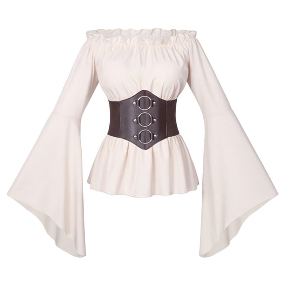 FASHOFT Women's Pirate Halloween Renaissance Pleated Waist Shirt Vintage Solid Color Blouse Cosplay Outfit Theme Party Stage Performance Dress Up Halloween L