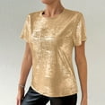 thumbnail image 3 of Womens Short Sleeve Dressy Tops Summer Trendy Casual Shiny Velvet T Shirt Crew Neck Casual Tunic Tees (XL, Gold), 3 of 8