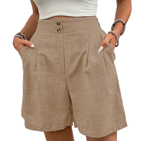 Staron Women's Casual High Waist Elastic Waist Cropped Trousers Straight Leg A-Line Linen Pants with Pockets, Khaki XL