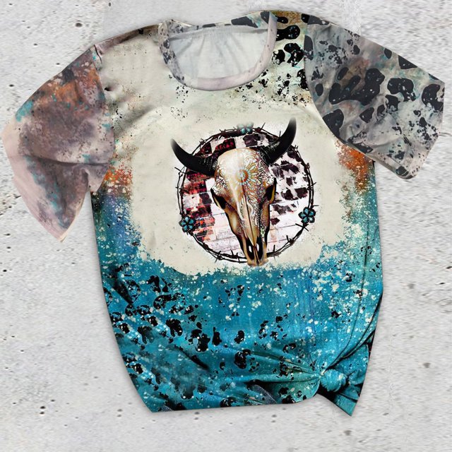 Pntutb Mujeres Hombres Western Leopard Blanqueado Estampado Manga Corta Cuello Redondo Camiseta tops Pntutb Pntutb-1312