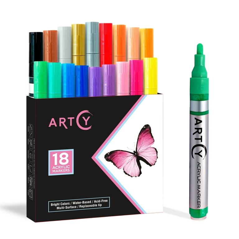 Acrylic Paint Pens - 18 Acrylic Paint Markers Medium Tip (2mm) | Great for  Rock Painting, Canvas, Glass, Porcelain, Fabric, Paper, Pottery and Plastic