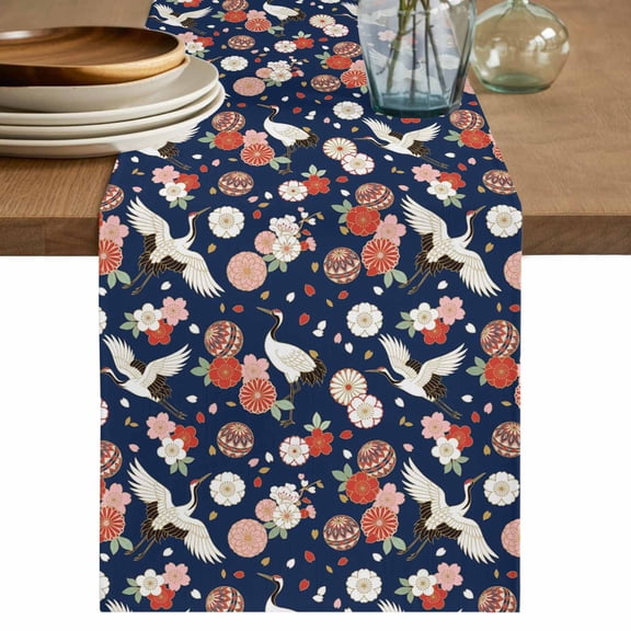 Table Runners 90 Inches Long Dress Scarves, Farmhouse Cranes Farmhouse Coffee/Dining/Kitchen Table Decor Table Runner for Living Room, Navy Blue Country Flowers Botanical 13x90 Inch