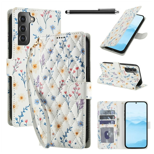 Wallet Case for Samsung Galaxy S21FE , PU Leather Phone Cover Kickstand RFID Blocking Flip Case Card Slots Wrist Strap Relief Engraved Pattern Magnetic With Stylus Pen, Blue Purple Flower
