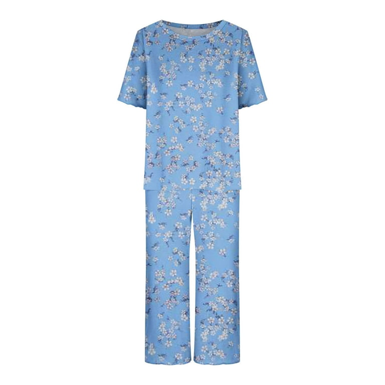 PrinStory Womens Pajama Set Short Sleeve Shirt and capri Pants Sleepwear Pjs  Sets with Pockets FP-Mix Blue-Medium