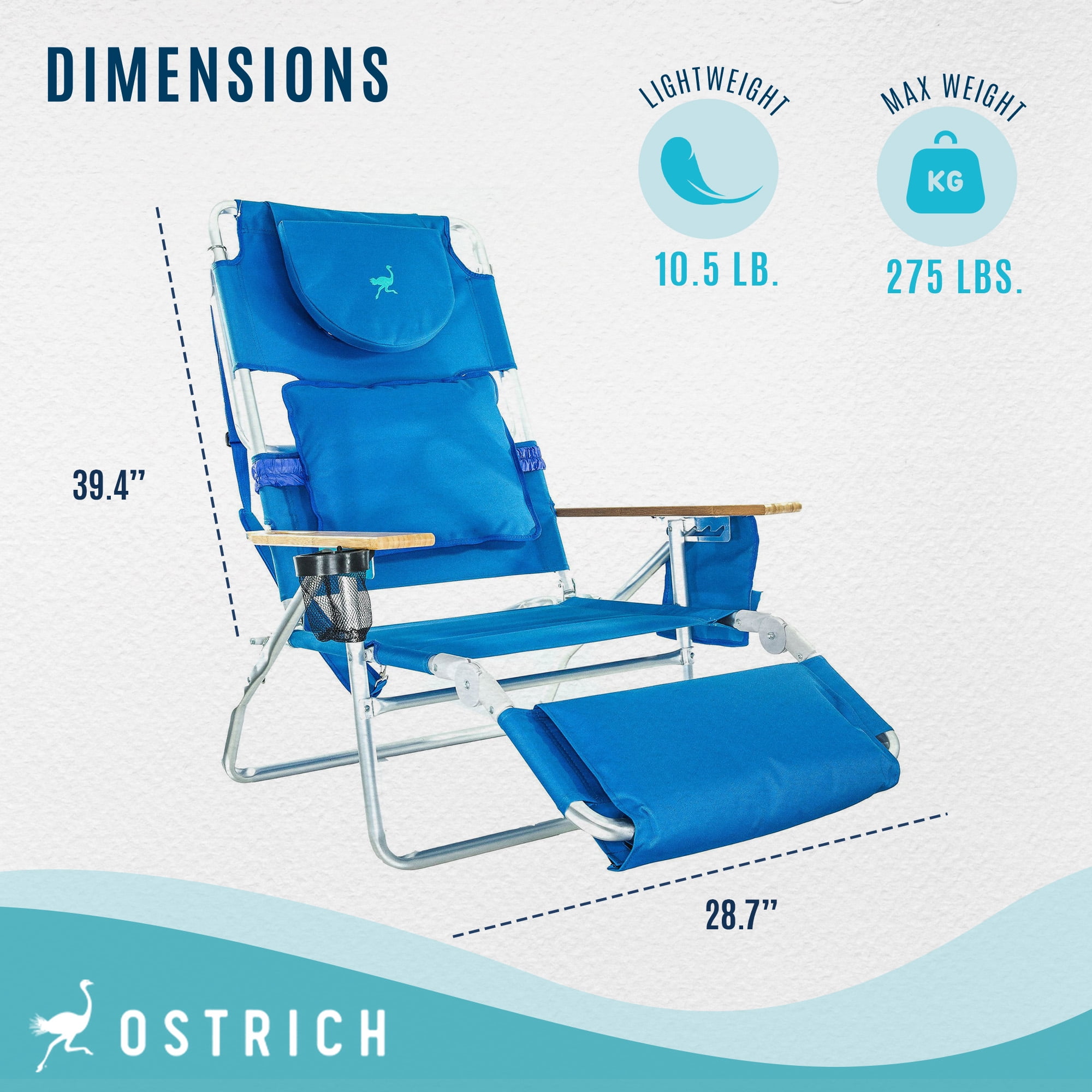 Ostrich Deluxe 3N1 Lightweight Outdoor Beach Lounge Chair w Footrest Blue Foldable Flat Lay Tanning Face Hole Walmart