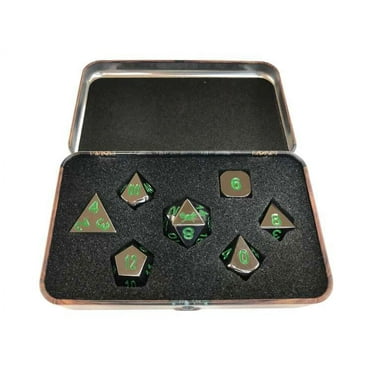 Skullsplitter Metal Black Dragon Shiny Black Nickel with Green Numbers Polyhedral 7-Die Dice Set (Warlock Tome Case)
