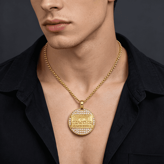 Round The Last Supper Relief Medallion Pendant Necklace For Men Women, 14K Gold Filled Sacred Symbolic Memento Jewelry