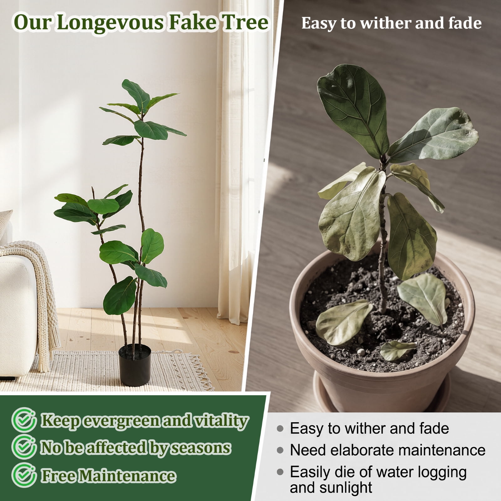 BEAUTYPEAK 5.2FT Artificial Fiddle Leaf Fig Tree Faux Ficus Tree Fake Green House Plants Indoor Outdoor Floor Plant