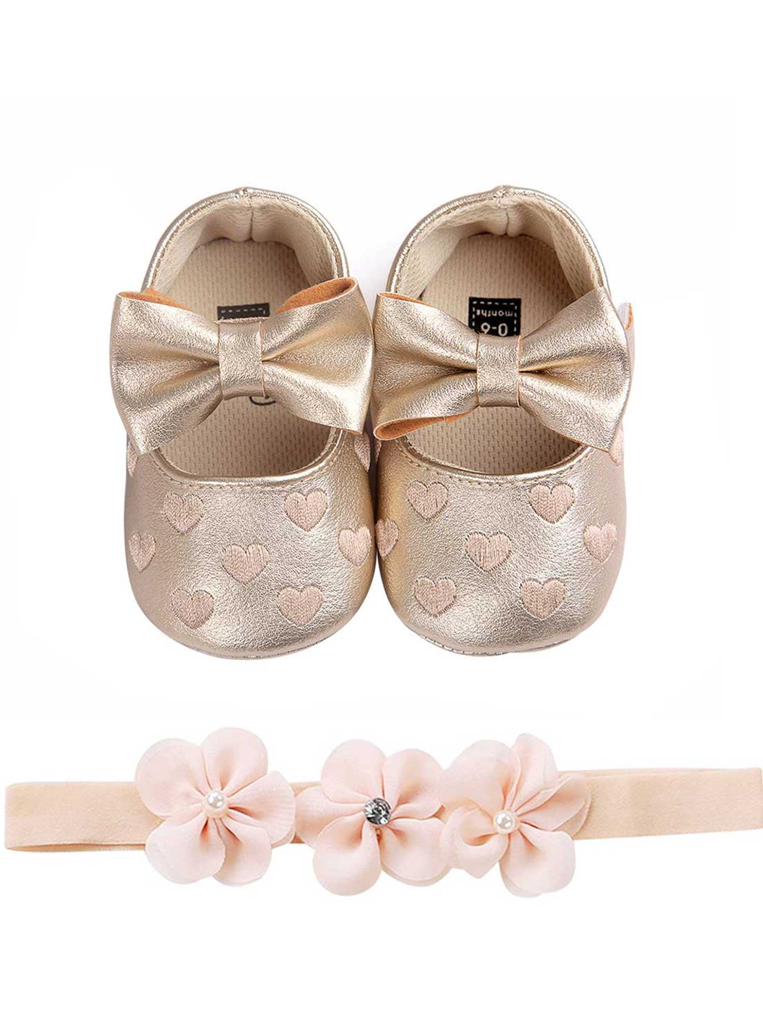 Baby Girls Bowknot Mary Jane Shoes and Hairband Gift Set for Baby Christening Toddler Girl Soft Sole Anti-Slip First Walking Shoes 