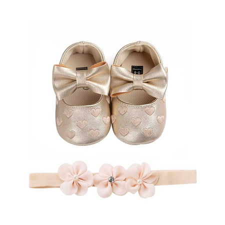 

Baby Baptism Shoes and Headband Set Cute Heart Princess Dress Shoes and Flower Hairband for Infant Newborn Girls