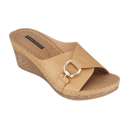 

GC Shoes Womens Memory Foam Wedge Sandals Open Toe Mid Heel Platform Comfy Vegan Leather Buckle Strap Slides Bay/Tan/6.5