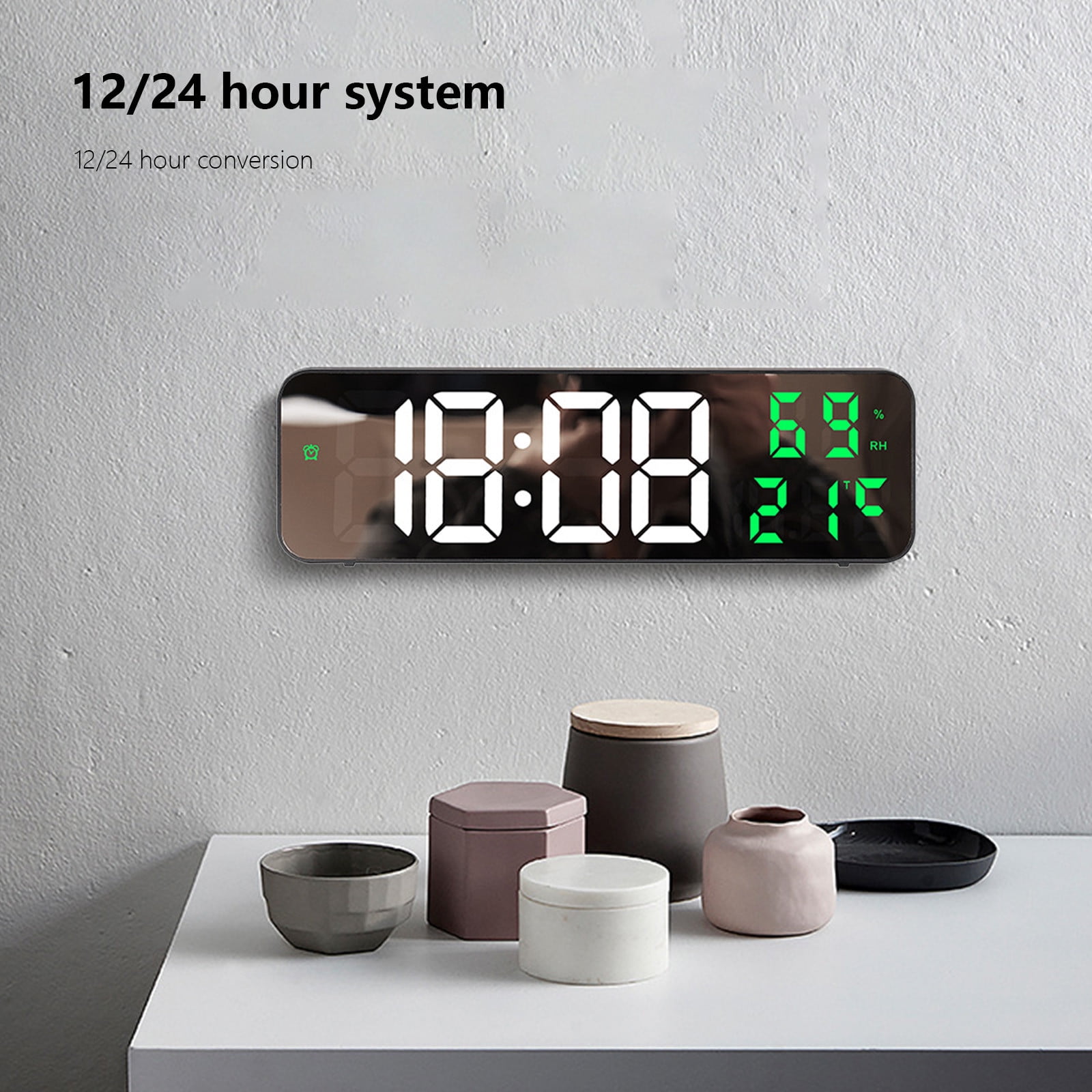 Iuhan LED Wall Clock, Large Digital Mirror Display with Temperature Date Humidity, Adjustable Brightness Alarm Clock for Home Office Bedroom Decor