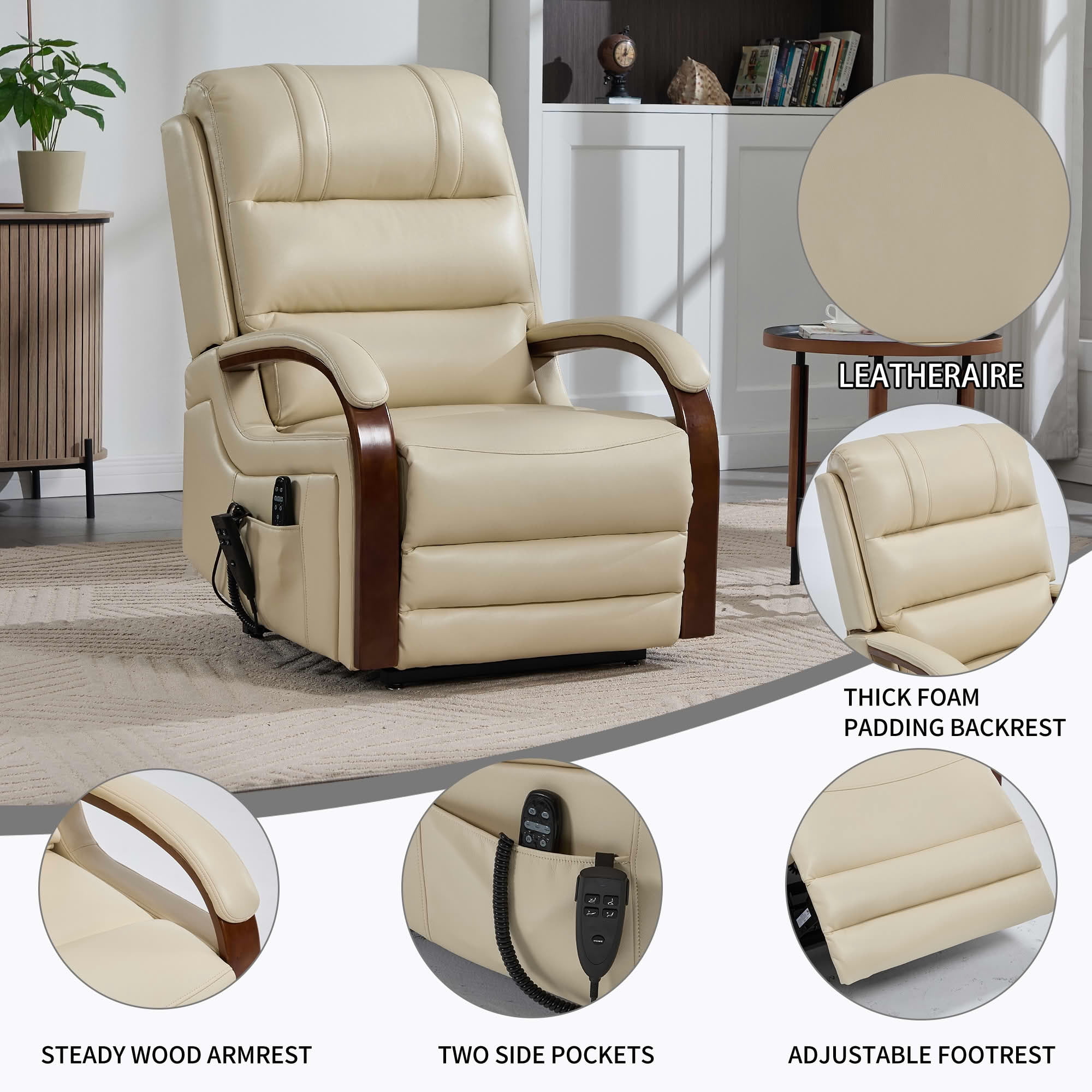 MAYEERTY Beige Leatheraire Dual Motor Power Lift Recliner, 350lbs Solid Wood Armrest Massage Heat 30"x36"x43" for Elderly