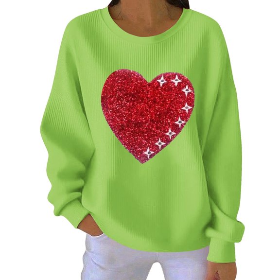 Valentines Sweatshirt Women Love Heart Print Casual Long Sleeve Shirts Valentine Hoodie Pullover Blouse Tops Green L