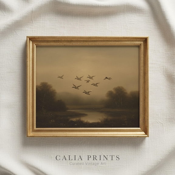 Flying Mallard Ducks Print Moody Dark Academia Wall Art, UNFRAMED Size 16x16