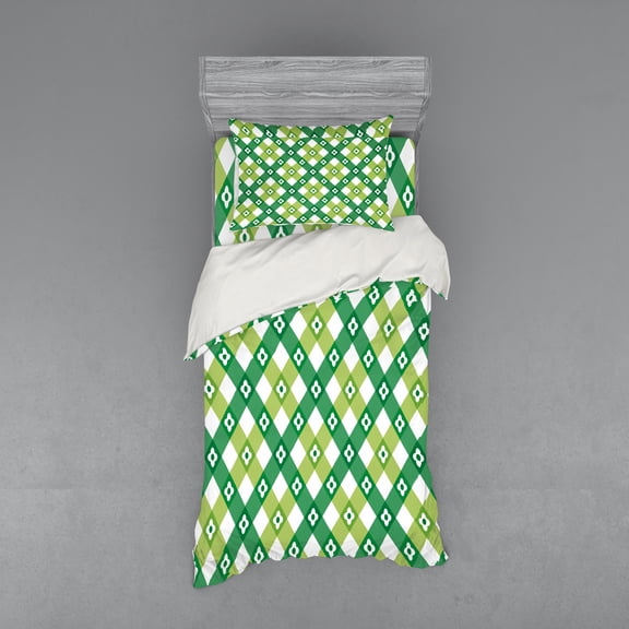 Ambesonne Floral Bedding Set 3 Pcs, Striped Retro Old Motif, Twin XL, Lime Green Forest Green