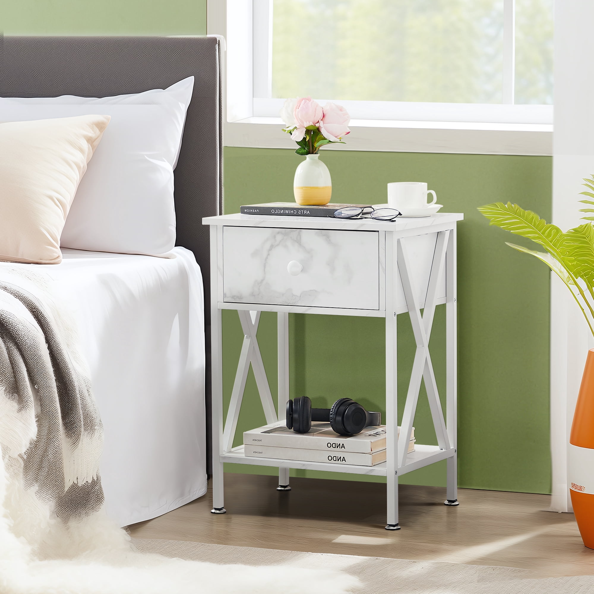 VECELO Set of 2 Nightstand with Drawer and Open Storage Shelves, Bedside End Table for Bedroom Living Room, White