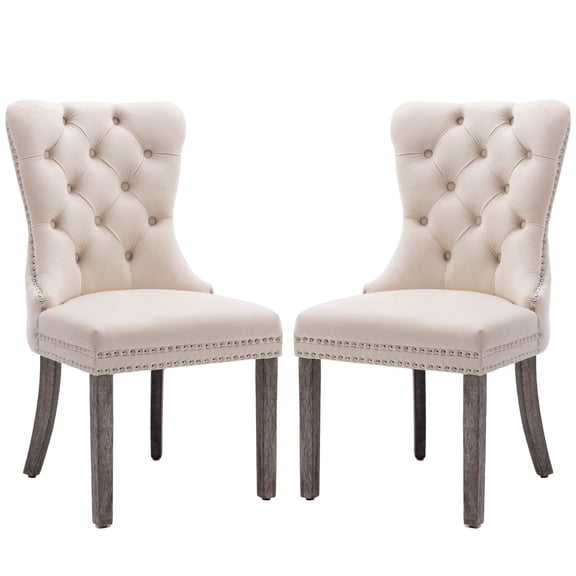 KCC Velvet Tufted Dining Chairs Set of 2, Back Pull Ring Design with Nailhead Trim, Solid Wood Leg Upholstered Side Chairs for Kitchen & Dining Room, Beige