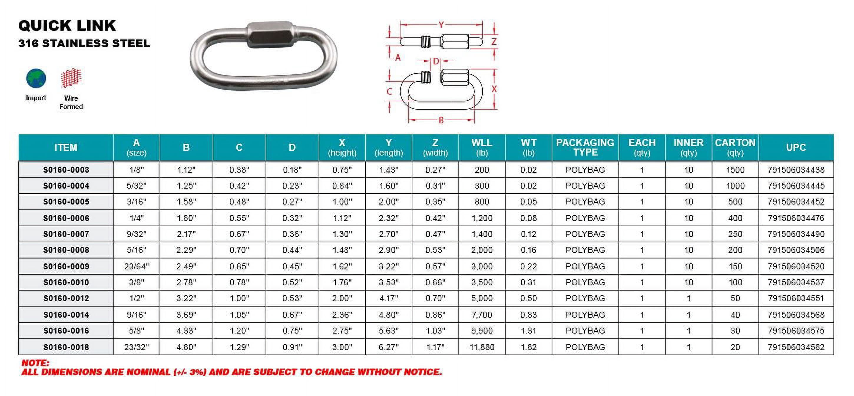 STAINLESS QUICK LINK, CHAIN RIGGING 1/2" (S0160-0012)