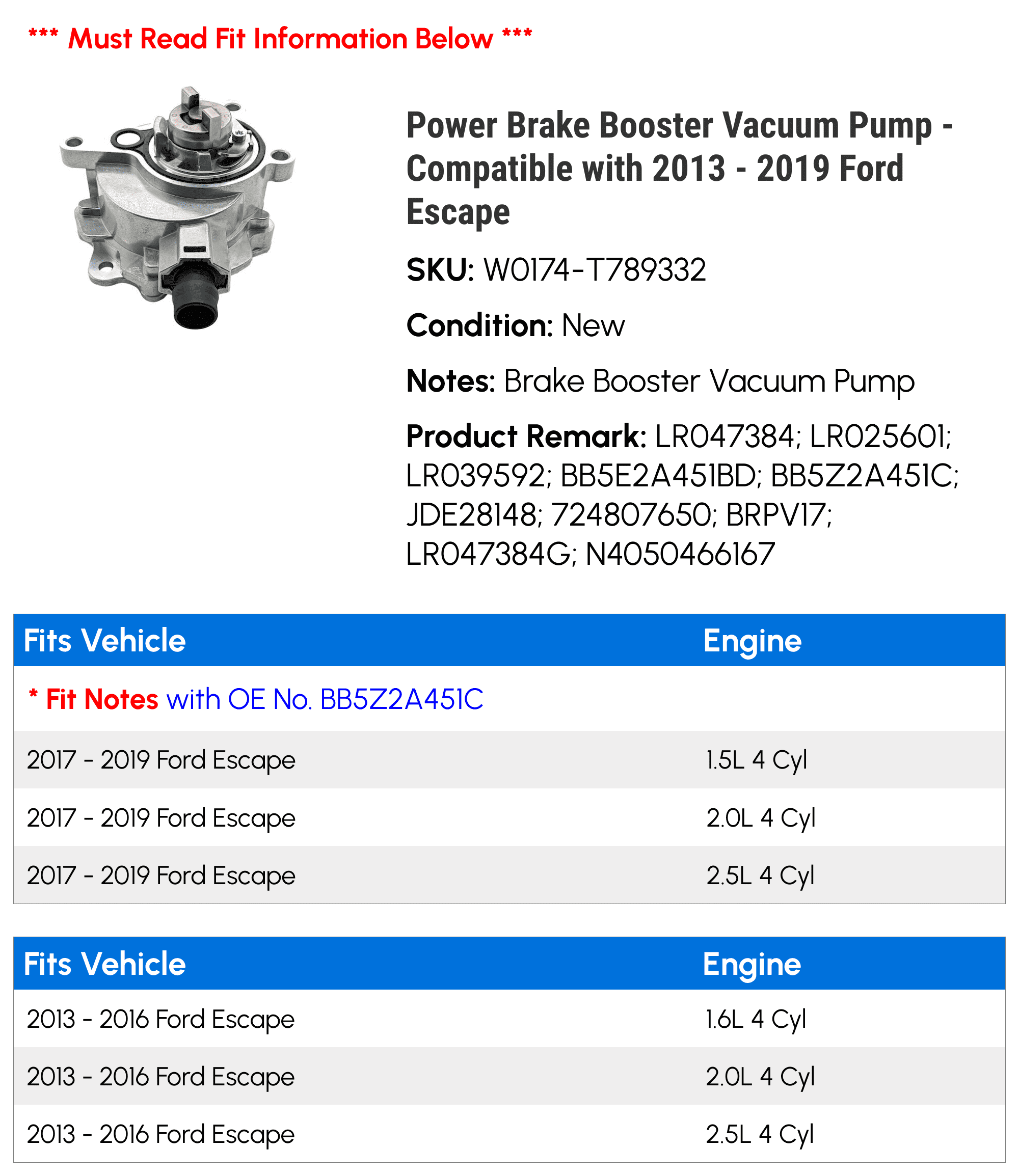 Power Brake Booster Vacuum Pump - Compatible with 2013 - 2019 Ford Escape 2014 2015 2016 2017 2018