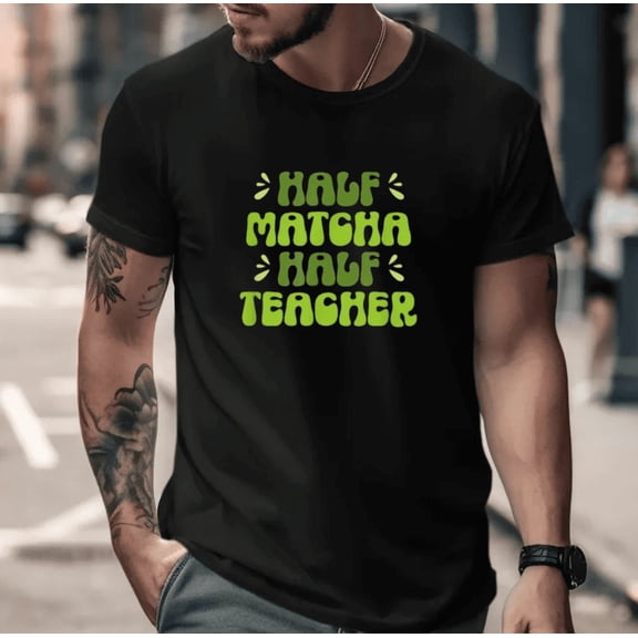 Funny Retro Half Matcha Half Teacher Fun Graphic Unisex T-Shirt, for men & women, up to size 5XL