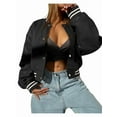 thumbnail image 2 of Women Mock Neck Long Sleeve Button Cropped Leather Jacket Casual Biker Moto Jacket Fall Outerwear Black S, 2 of 5