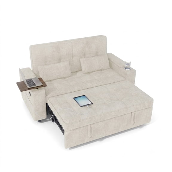 Howcool 65" Sleeper Sofa Bed, 3-in-1 Convertible Pull Out Couch Bed with Tray Table & Cup Holders, Chenille Loveseat Sofa with Adjustable Backrest for Living Room, Apartment(Beige)