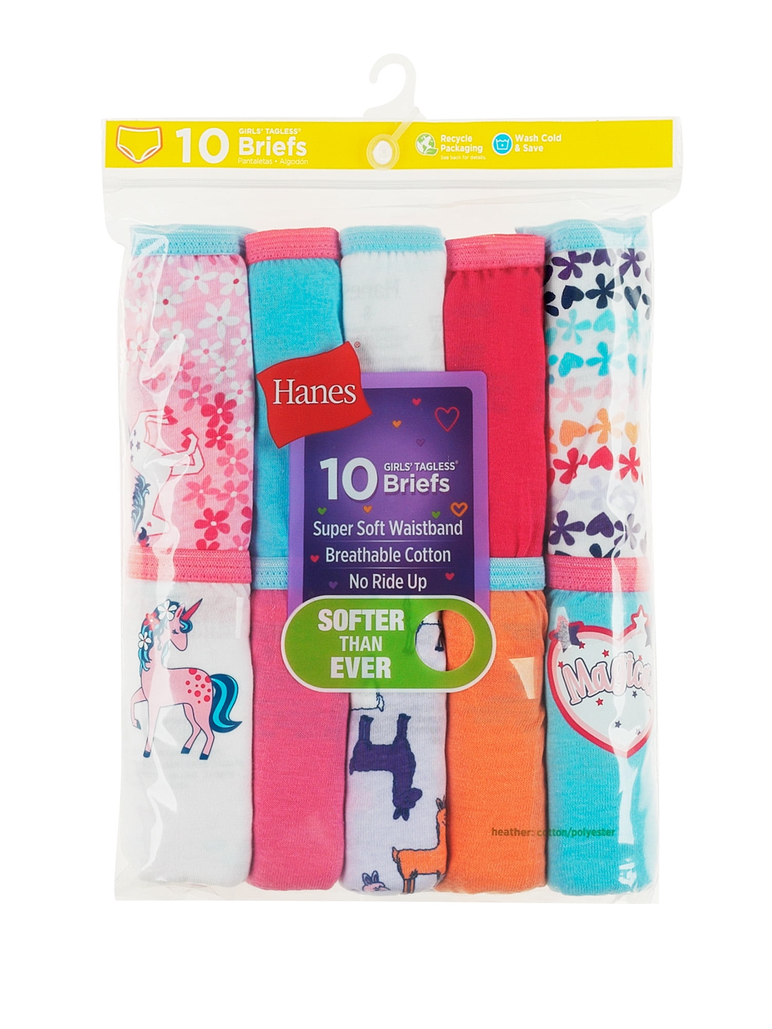 Hanes Girls' Tagless Super Soft Cotton Briefs, 10 pack, Sizes 4-16