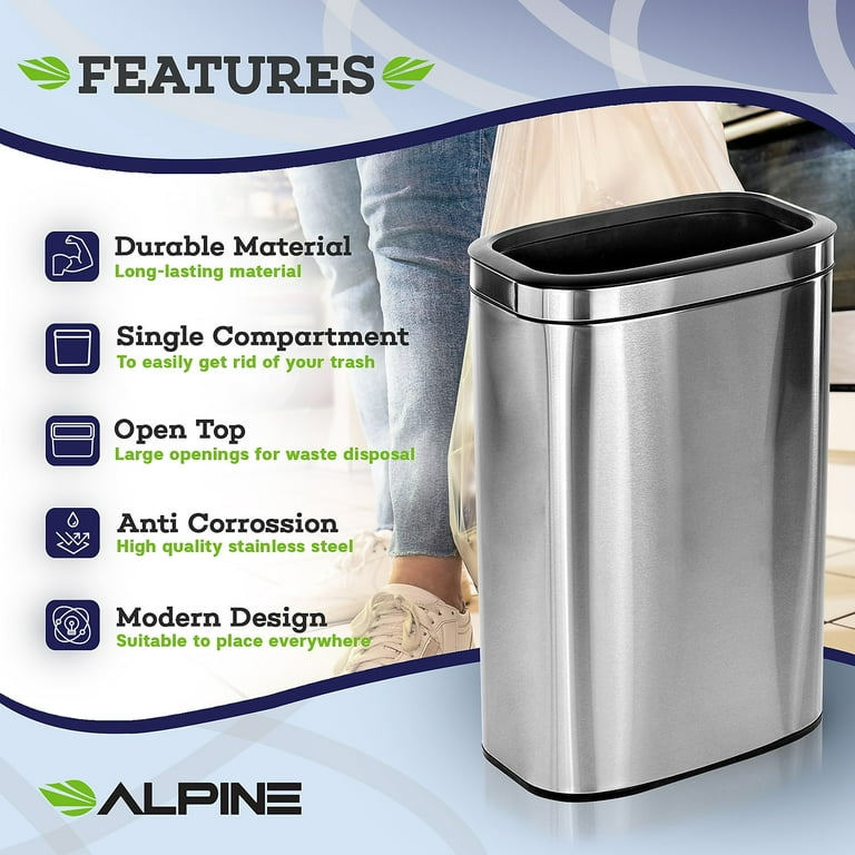 Alpine Industries Stainless Steel Rectangular Liner Open Top Commercial Indoor  Trash Can 10.5 Gallon 