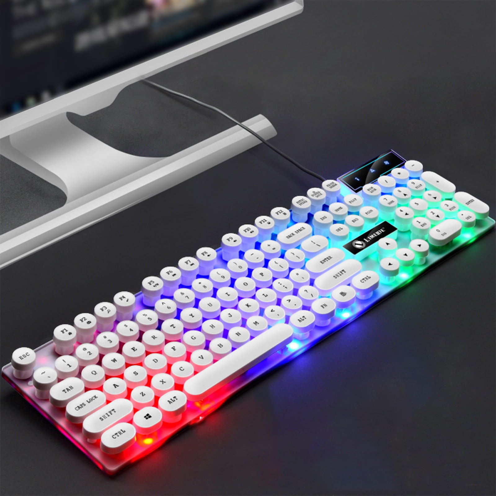 Typewriter Mechanical Gaming Keyboard Mouse Set, with Rainbow Light, 104 Keys Retro Round Keycap, Wired Typewriter Style Comfortable Typing Soud
