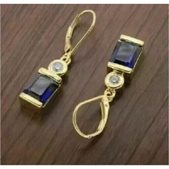 3Ct Emerald Cut Lab-Created Sapphire Drop/Dangle Earrings 14K Yellow Gold Plated