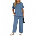 thumbnail image 4 of UPPADA 2 Piece Sets for Women Casual Summer Travel Vacation Outfits Short Sleeve Wide Leg Crop Pants Lounge Sets Dressy 2 Pieces Outfit Blue,XXL, 4 of 6