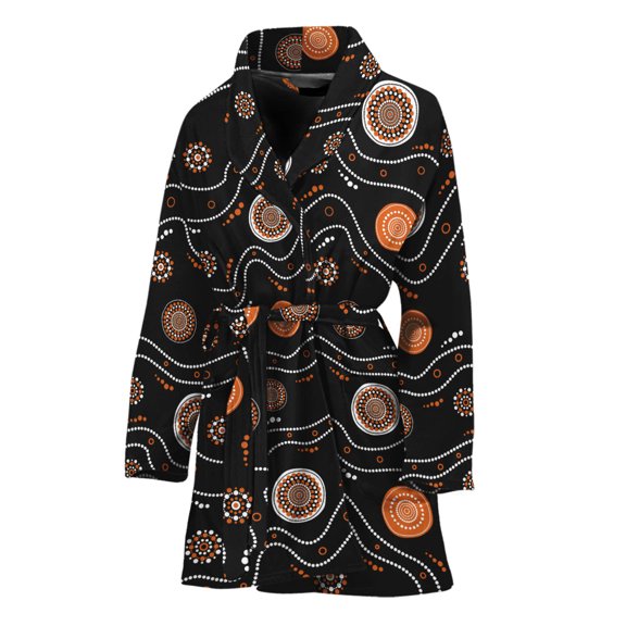 White And Orange Aboriginal Art Women Bathrobe One Size Univeral Fits, Aboriginal Fashion Lightweight Plush Fleece Long Robe For Women