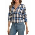thumbnail image 2 of Women'S V Neck Plaid Shirts Dressy Casual Button-Down Business Work Boho Tops Long Sleeve Fall Outfits Light Blue M, 2 of 9