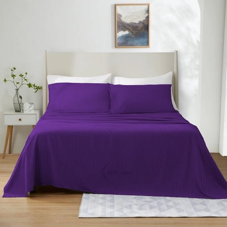 1100 Thread Count 4 Piece Quality Sheet Set 24 Inch Deep Pocket 100% Egyptian Cotton Color Purple Stripe Size Twin