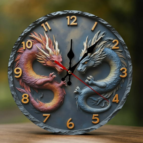 Wall Clock Decorative - Cool Cool Red Dragon Print 2D Vintage Wall Clocks Battery Operated Silent Non-Ticking for Bedroom, Living Room, Kitchen, Office, Classroom, 10 Inch