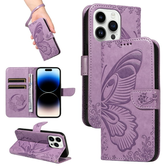 Allytechgroup Wallet Phone Case for iPhone 14 Pro with Credit Card Slot, PU Leather Flip Case with Lanyard for Women Girls Military Grade Drop Protection for iPhone 14 Pro, Purple