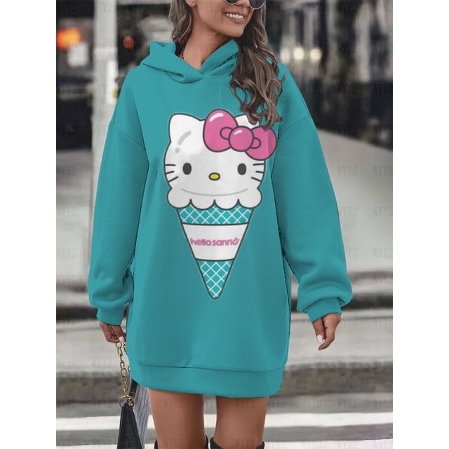 Nueva falda con capucha cómoda para mujer de otoño e invierno, sudadera holgada informal con estampado de Hello Kitty, estilo retro callejero para juegos de rol