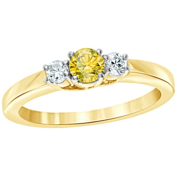 Round Cut Yellow & White Natural Diamond Three Stone Ring in 14k Yellow Gold (0.5 Cttw)