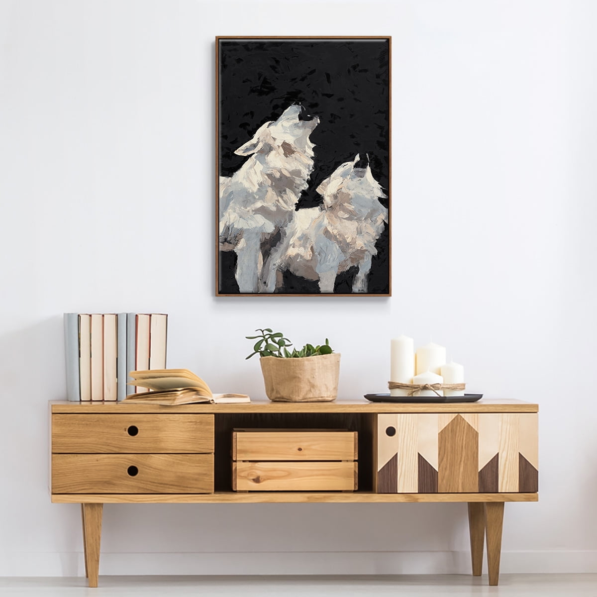 Midnight Wolves Framed Premium Gallery Wrapped Canvas - Ready to Hang - 17 x 25 - Walnut Floating Frame