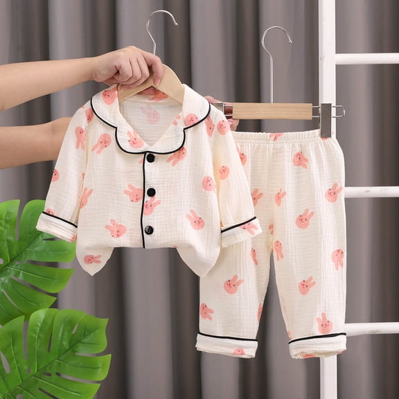 CUZIBR Girls Clothing Set Lapel Collar Long Sleeve Button Blouse And Pants Two Piece Sleepwear Outfit Soft Comfy Loungewear Dailywear,Beige,18-24 Months