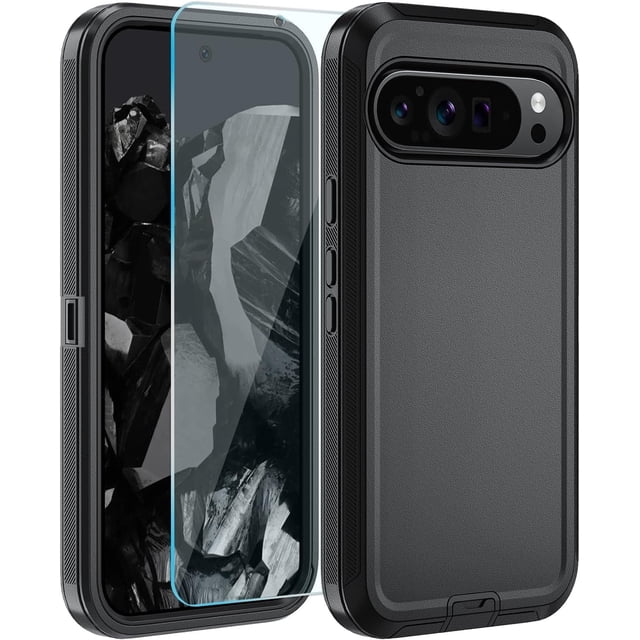 KOMI Phone Case for Google Pixel 9 Pro XL Case with HD Screen Protector, Pixel 9 Pro XL Case Heavy Duty Durable Shockproof 2-Layer Cover for Google 9 Pro XL Black