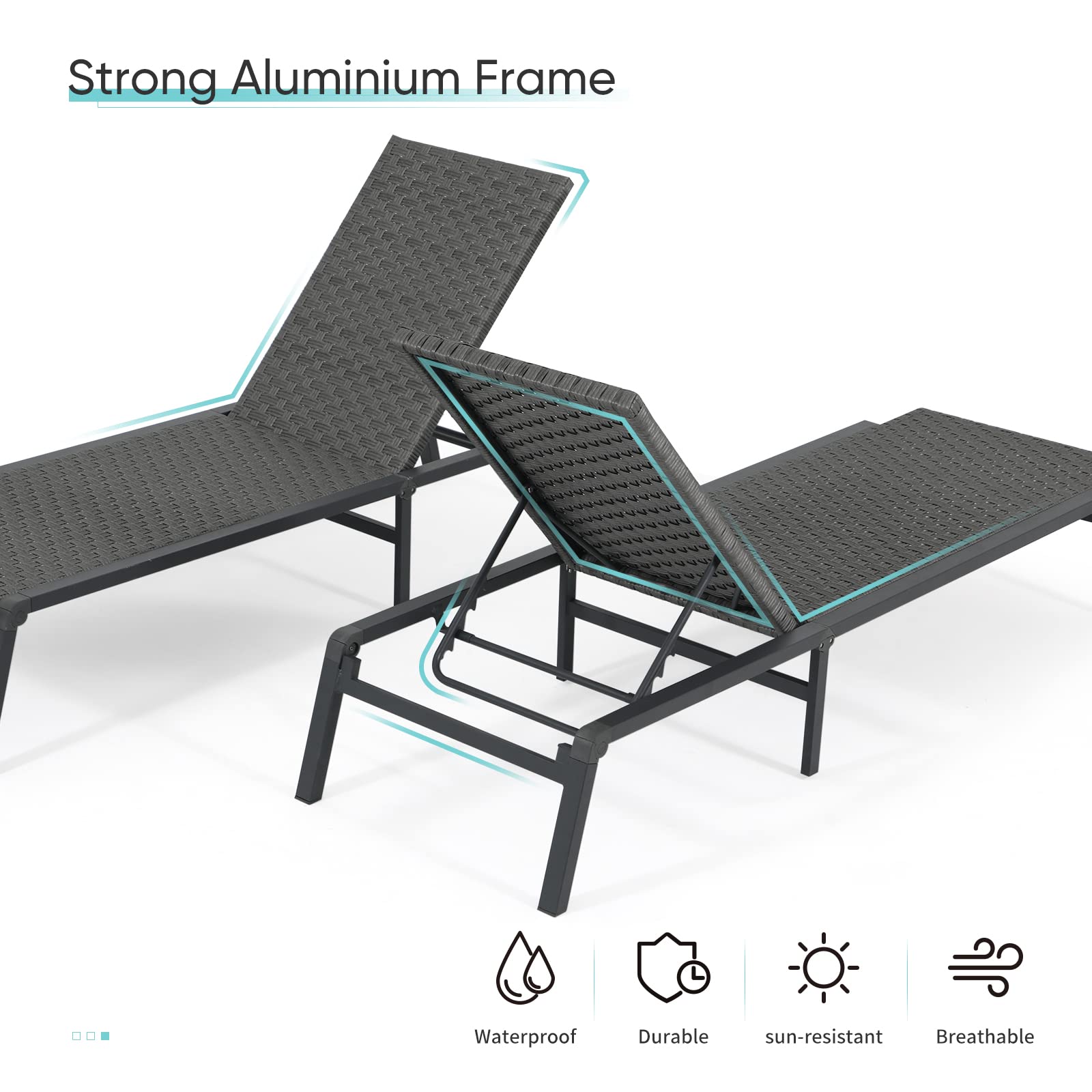 3 Pieces Outdoor Chaise Lounge Chair Set with Square Side Table, Adjustable 5-Position Folding Pool Lounge Chair, Patio Lounge Chair Set of 2 with Aluminum Frame, Grey - image 2 of 7